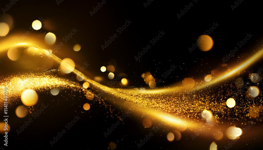 Aufkleber glowing golden particles flowing in a black background; abstraction; bokeh