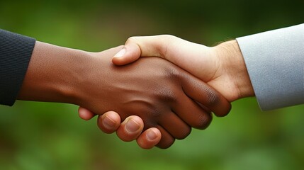 Two business professionals shaking hands outdoors Celebrating the success of a meeting with confident expressions and a professional demeanor