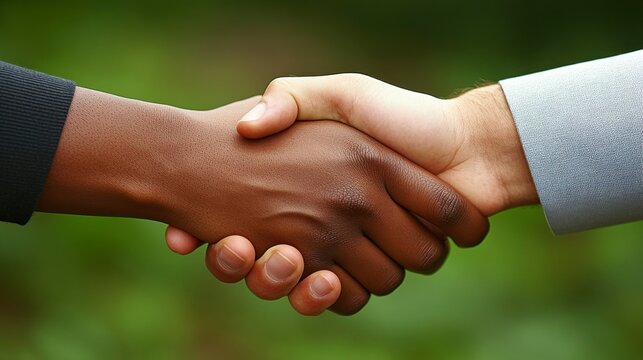 Two business professionals shaking hands outdoors Celebrating the success of a meeting with confident expressions and a professional demeanor