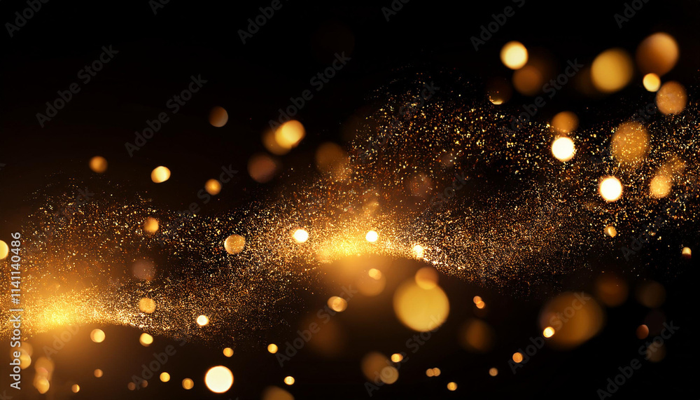 Poster glowing golden particles flowing in a black background; abstraction; bokeh