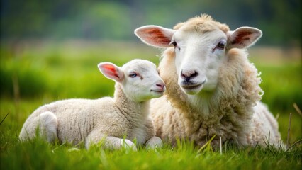 Obraz premium A fluffy white lamb snuggling up to its mother sheep in a green meadow , sheep, lamb, cute, animals, farm, wool