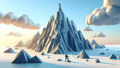 3D Plain Mountain Peak with Climbers concept as A plain background of a rugged mountain peak with climbers ascending in the distance. The open sky provides space for fitness related text about enduran
