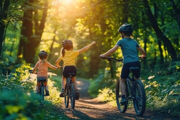 Fototapeta premium Family Biking Adventure in the Forest with Kids Preparing for Ride and High Fives