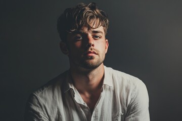 Obraz premium Portrait of a Young Man with Stylish Hair and a Thoughtful Expression in Low Light