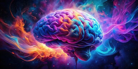 Deep space imagery blends with abstract brain smoke, creating a mysterious, psychedelic neural network visualization of the mind.
