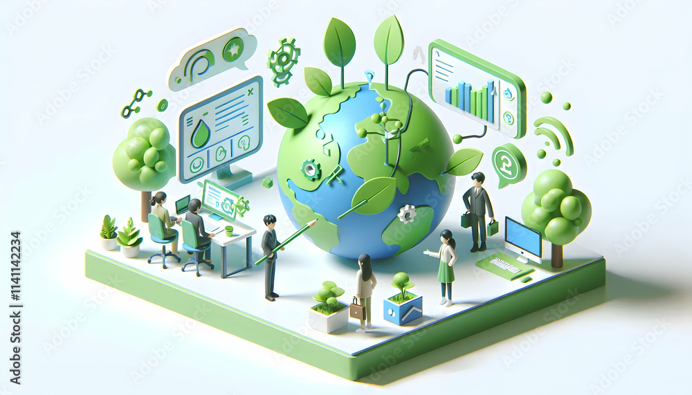 Poster 3d remote green it team managing sustainable technology projects with copy space concept as remote g