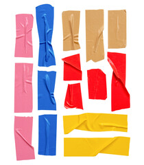 Top view set of torn multicolor adhesive vinyl or cloth tape in stripes isolated with clipping path...