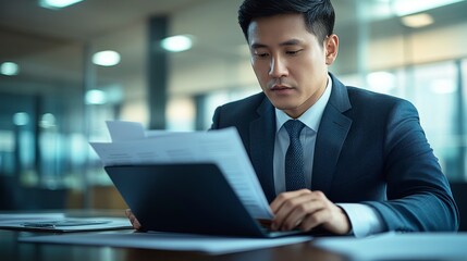 Close-up of a businessman using a laptop in a modern office Typing on the keyboard and reading a business document Representing corporate professionalism and tech integration