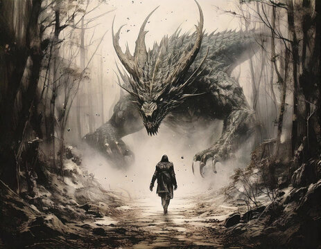 Grunge style illustration of a mysterious figure approaching a rising monster