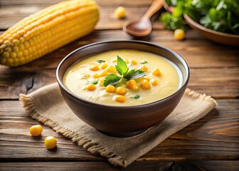 Delicious creamy corn soup recipe beautifully showcased in tilt-shift photography on a rustic grey wooden table.