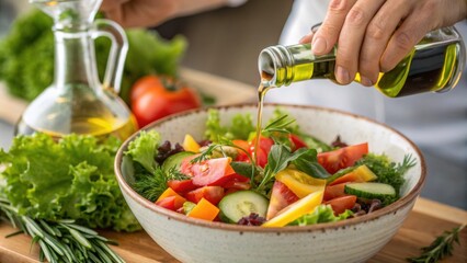 Chef is pouring olive oil from a small bottle onto a colorful mixed salad with lettuce, tomatoes, cucumber, and herbs, promoting healthy eating and culinary skills