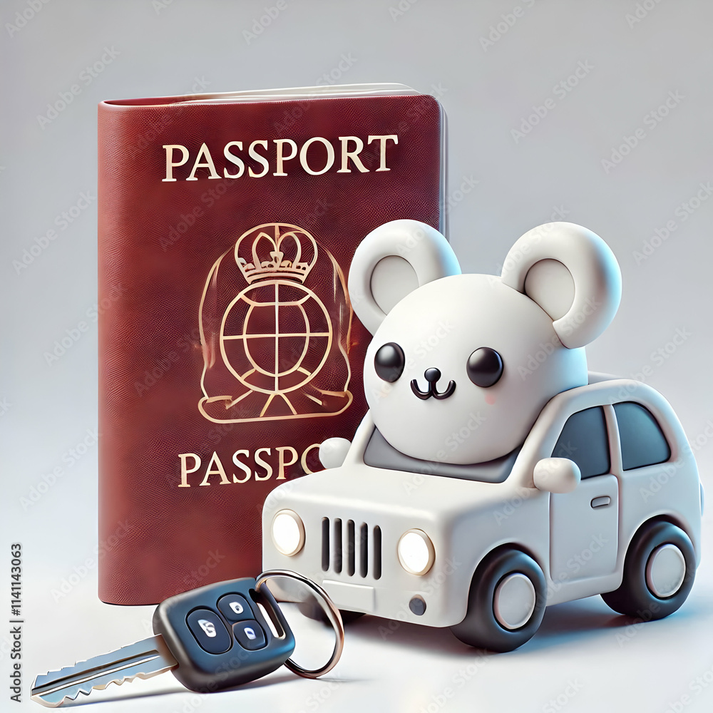 Poster 3d plain background featuring a passport and car keys ample copy space. concept as a stationary came