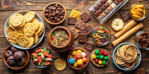 Fototapeta premium set of sweets including chocolate, cookies, candy, potato chips, and pudding, sweets, s, set, chocolate, cookies, candy
