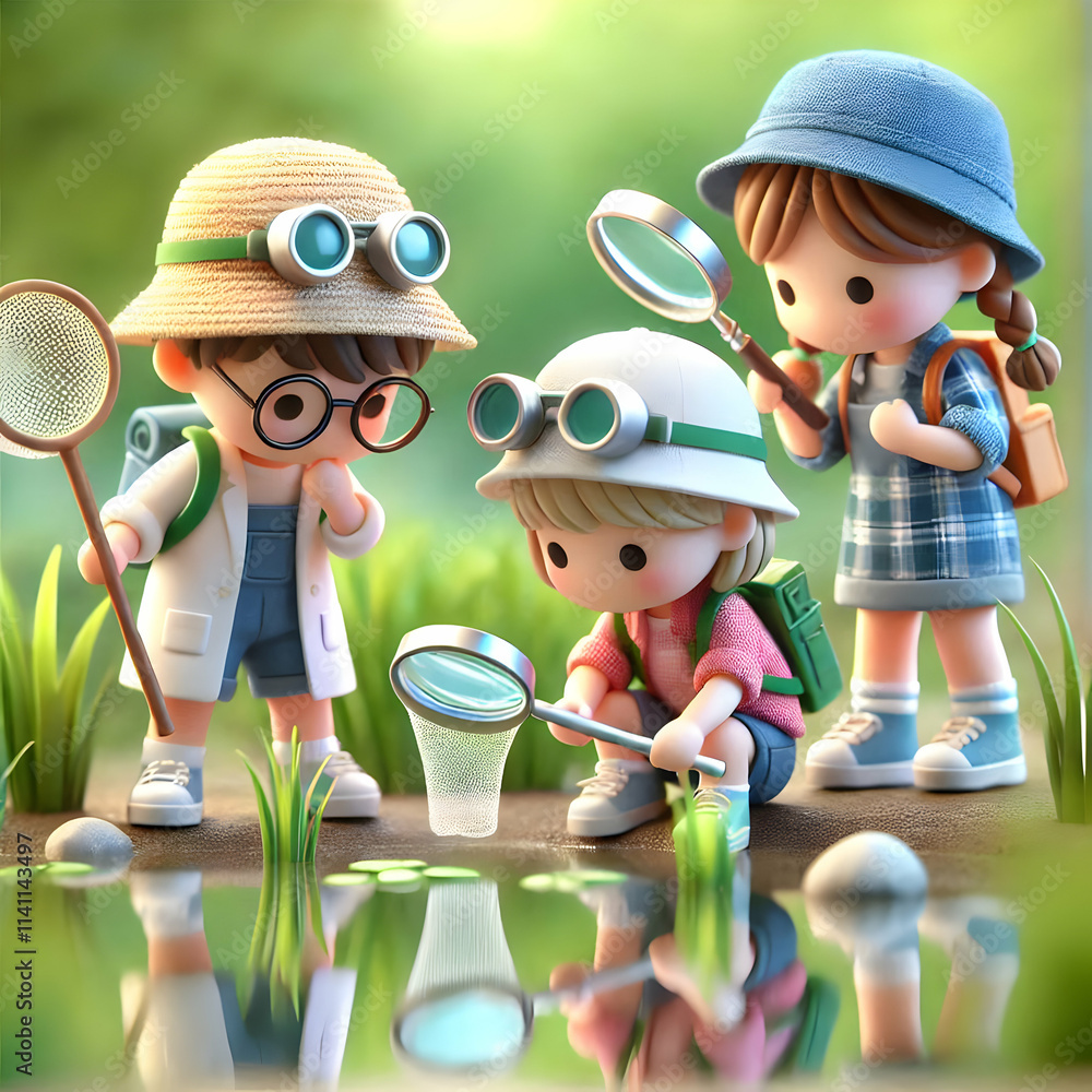 Poster 3d kids role playing as marine biologists exploring a pond with a macro close up and copy space conc