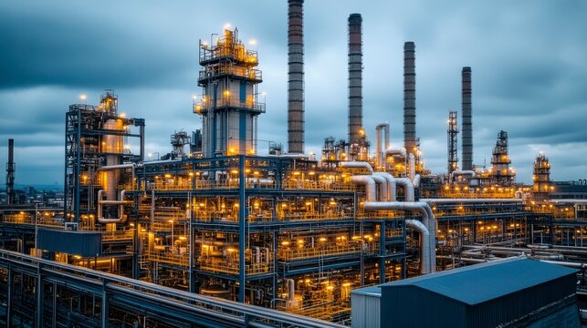 Industrial background showing a factory exterior with an intricate network of pipes and ducts surrounded by industrial buildings and looming smokestacks.