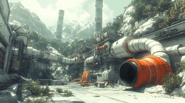 Industrial background showing a factory exterior with an intricate network of pipes and ducts surrounded by industrial buildings and looming smokestacks.