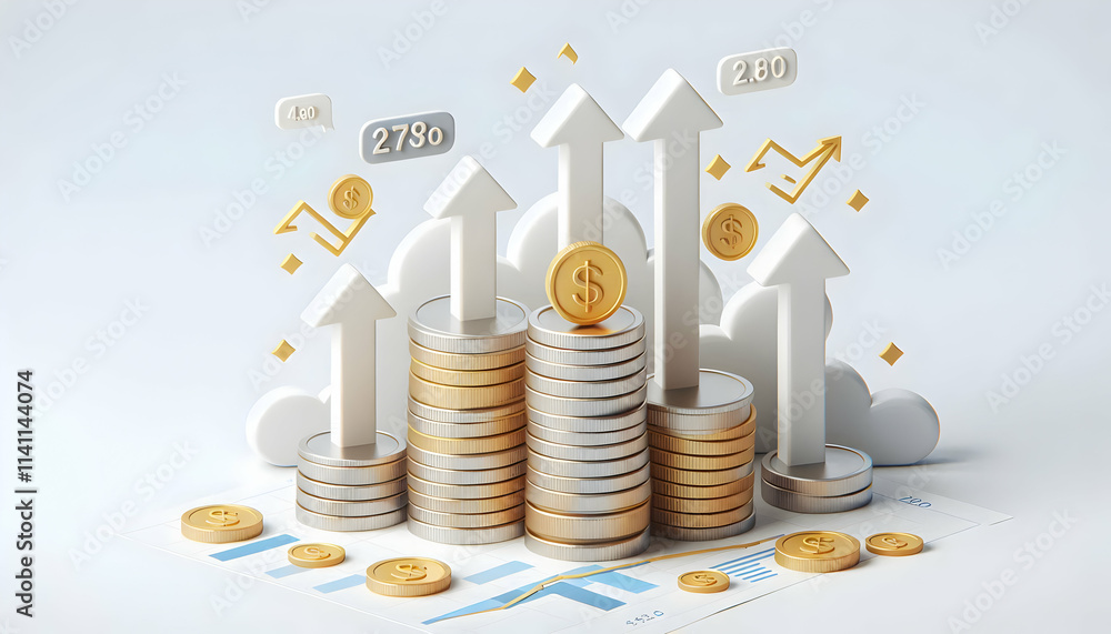 Aufkleber 3d floating stack of coins with upward arrows concept as an isolated vector of a stack of coins floa