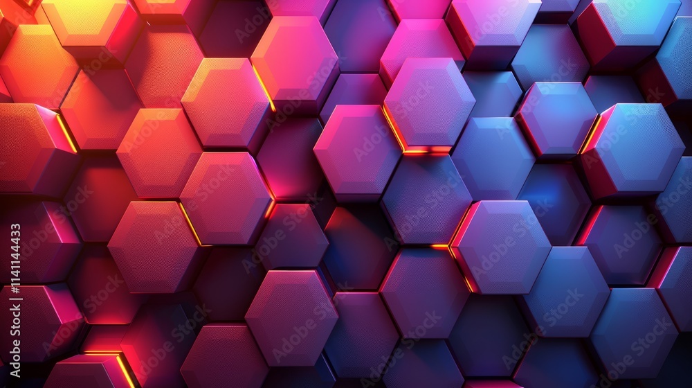 Poster colorful 3d hexagon pattern with glowing edges.