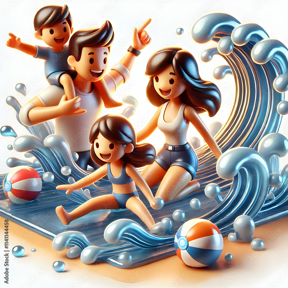 Poster 3d glossy background of family playing in the surf with splashing waves concept as a glossy image ca