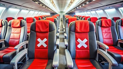 Fototapeta premium COVID-19 air travel safety protocols: empty seats and marked seating arrangements maximize social distancing for airplane passengers.