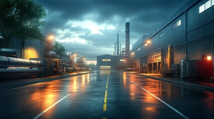 Fototapeta premium Factory exterior view emphasizing metallic pipes, ducts, and active smokestacks, surrounded by rugged industrial structures under a cloudy atmosphere.