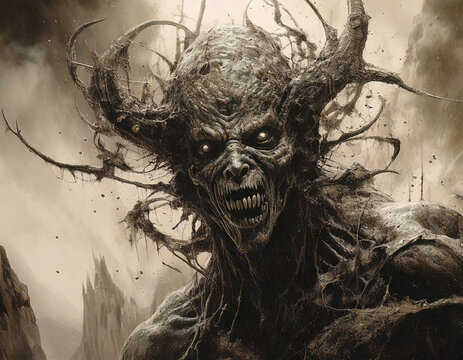 Scary Monster From The Depths of Hell. Grunge Style Artwork.