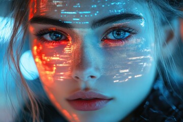 Digital Portrait of a Woman with Glitch Effects and Neon Colors