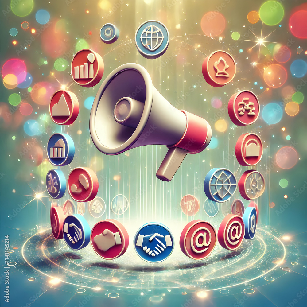 Aufkleber 3d bokeh abstract with holographic marketing and deal symbols concept as a still shot capturing a co