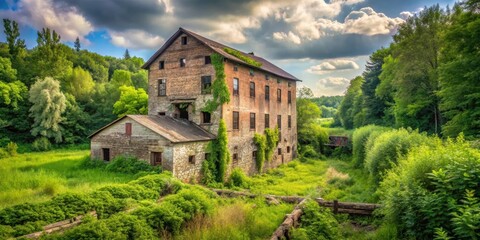 Fototapeta premium Old abandoned mill surrounded by overgrown vegetation and rustic rural landscape, abandoned, mill, rural, landscape