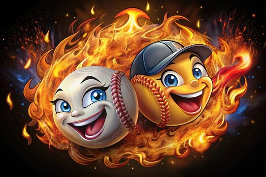 Fiery cartoon baseball & softball panoramic. Dynamic action, vibrant colors, memorable logo design.
