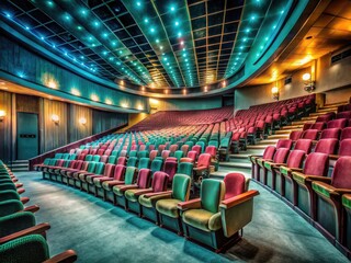 Ghostly seats, skewed perspective, pandemic's lonely stage; artistic isolation.