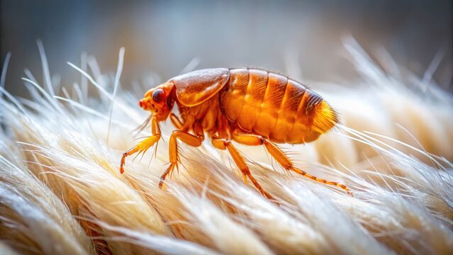 High-resolution image: a single dead flea rests on pet fur; minimalist macro photography at its finest.
