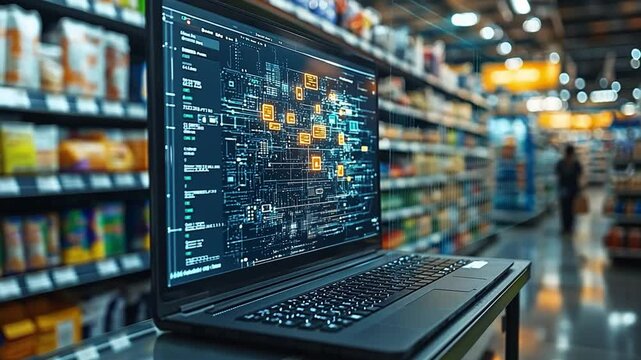 Computer displaying data analytics in a grocery store aisle during a daytime shopping experience