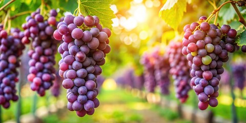 Fresh ripe purple organic grapes hanging from vines in a lush vineyard garden, grape, fruit, vineyard, organic, purple, ripe