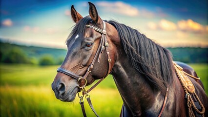 Obraz premium Macro lens captures the exquisite detail of a black quarter horse mare's coat, adorned with a western saddle and bridle.