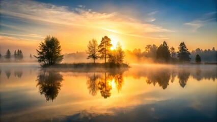 Obraz premium Foggy sunrise over a still lake with silhouetted trees, fog, sunrise, lake, still, reflection, silhouette, trees, nature, tranquil