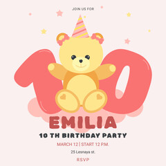 Invitation childrens birthday party with cute bear and number. Celebration tenth birthday. Greeting card template for children. Vector illustration.