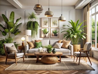 Fototapeta premium Neutral boho haven: calming décor, abundant greenery, deep depth of field, tranquil ambiance.