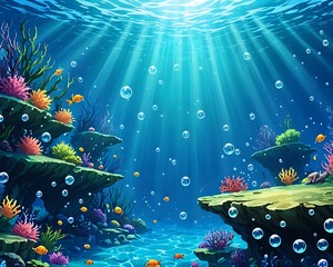 Vibrant Underwater Coral Reef Scene with Colorful Fish and Crabs