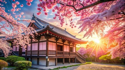 Fototapeta premium Pink petals dance in the spring sun, a breathtaking Japanese scene.