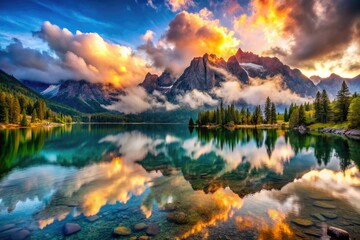 Serenity reigns: a mountain lake mirrors epic cloudscape, capturing nature's majestic beauty.