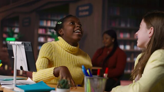 Happy two girls emphasizing their friendship with an embrace at the library, taking a break from study session and chatting about something. Classmates and friends having fun together. Camera B.