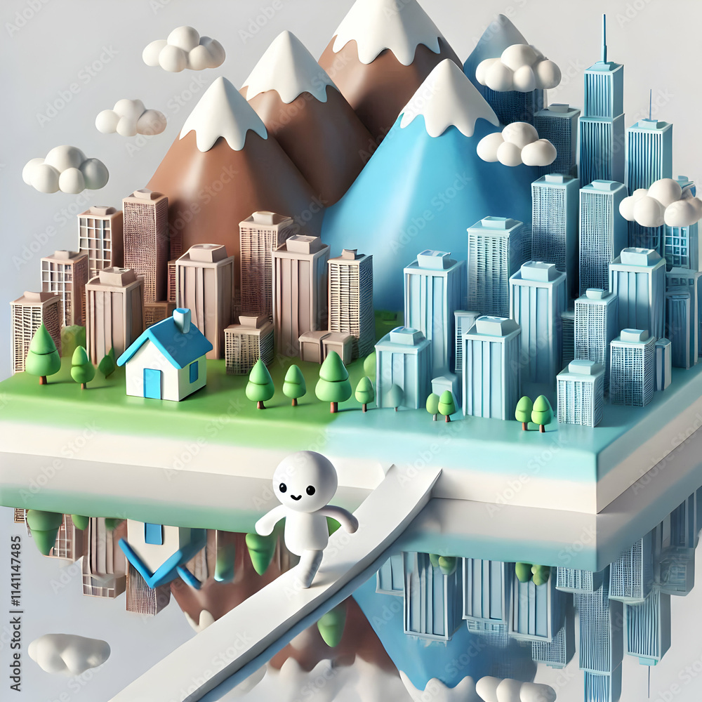 Poster 3d cityscape blending into mountain range with copy space concept as a glossy image where a cityscap