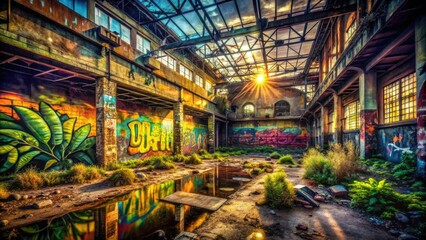 Fototapeta premium Urban exploration: acrylic brushstrokes paint the story of abandoned places, graffiti, and industrial decay.