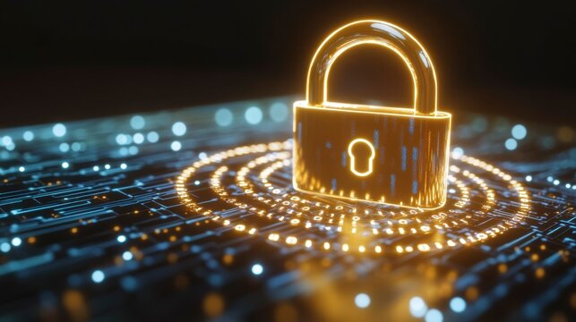 Simple glowing padlock icon with binary code orbiting it, symbolizing internet security and data encryption in a clean, modern design.