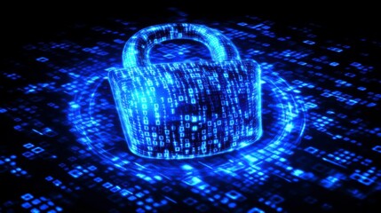 Minimalist glowing padlock icon with binary code spiraling outward, representing encrypted digital security and safe online interactions.