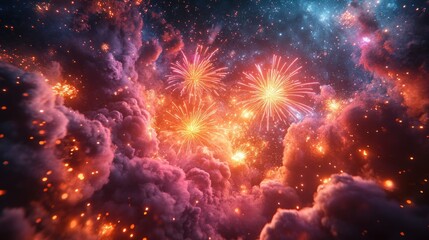Fototapeta premium Spectacular Fireworks Display Over Dark Starry Sky