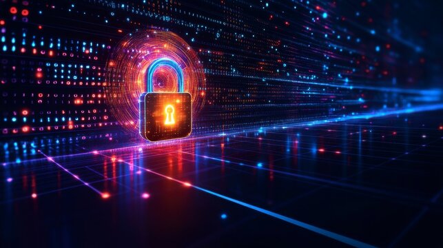 Minimalist glowing padlock icon with binary code spiraling outward, representing encrypted digital security and safe online interactions.