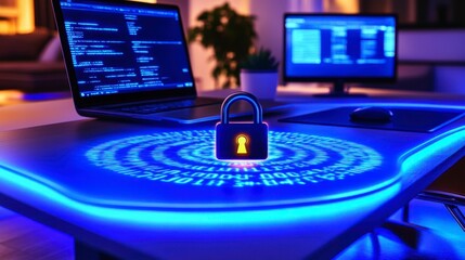 Cybersecurity concept featuring a glowing padlock in the center of a binary code ring, symbolizing secure online payments in a clean design.