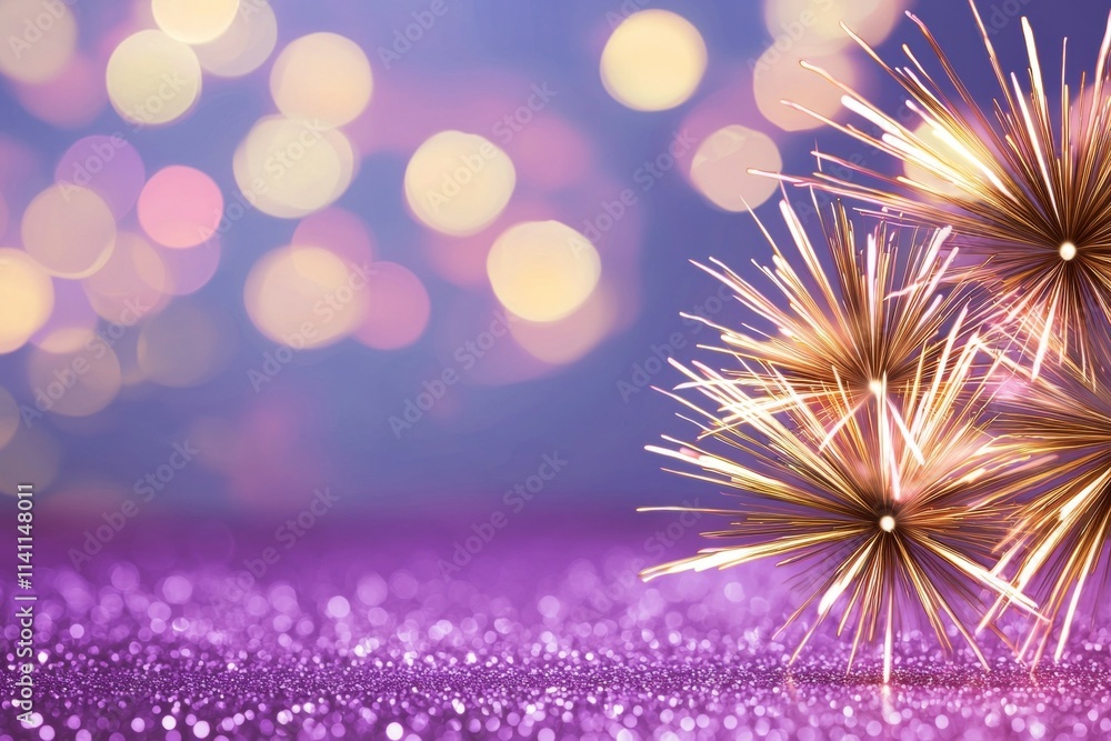 Poster a purple background with a firework display in the foreground